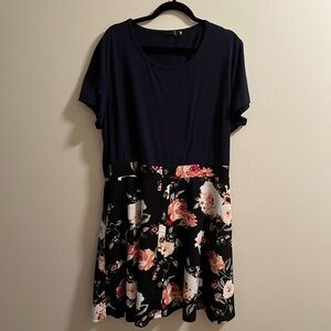 Navy Floral Fit and Flare Mini Dress with Crew Neck